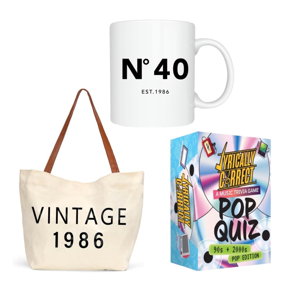 40th Birthday Gift Bundle! 1986 Tote Bag Number 40 Coffee Mug 90’s Trivia Game